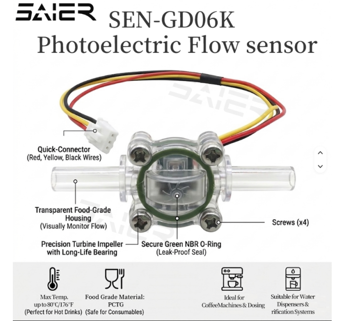 SEN-GD06K 0.2-3.0 LPM 高精度光学传感器冲击式水流量传感器，带食品级 PCTG 外壳，适用于浓缩咖啡机